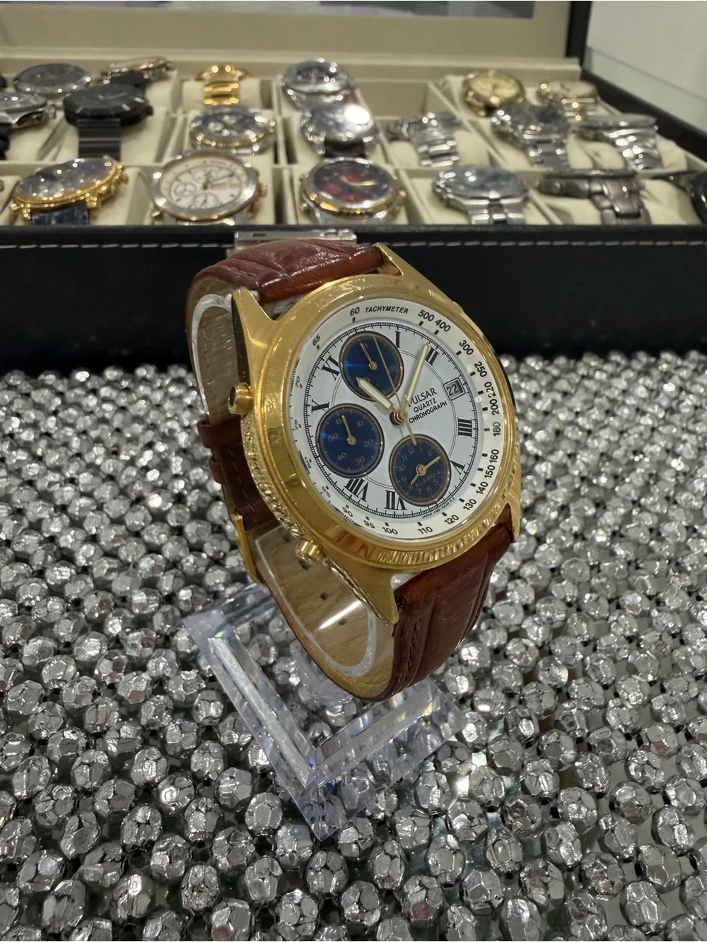 Pulsar Gold-Tone Chronograph Watch with Blue Subdials and Brown Strap